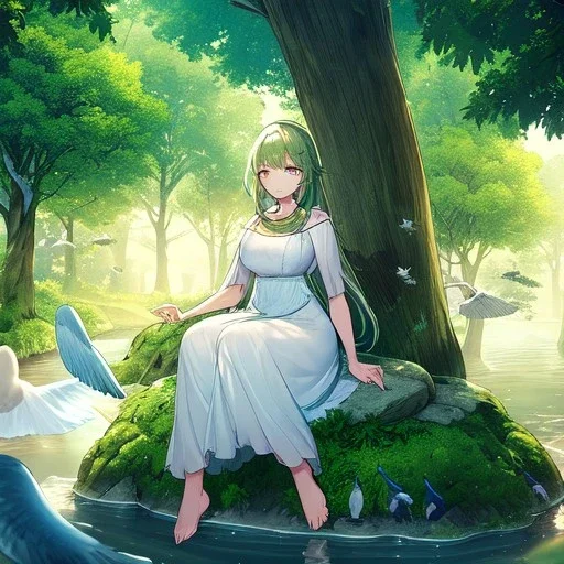 very gorgeous anime girl dressed in white dress, very detailed, trees, birds flying, green trees, creek meditation pose, sitting on a rock, with rays of sun peaking through the trees, very detailed on hands and facial features