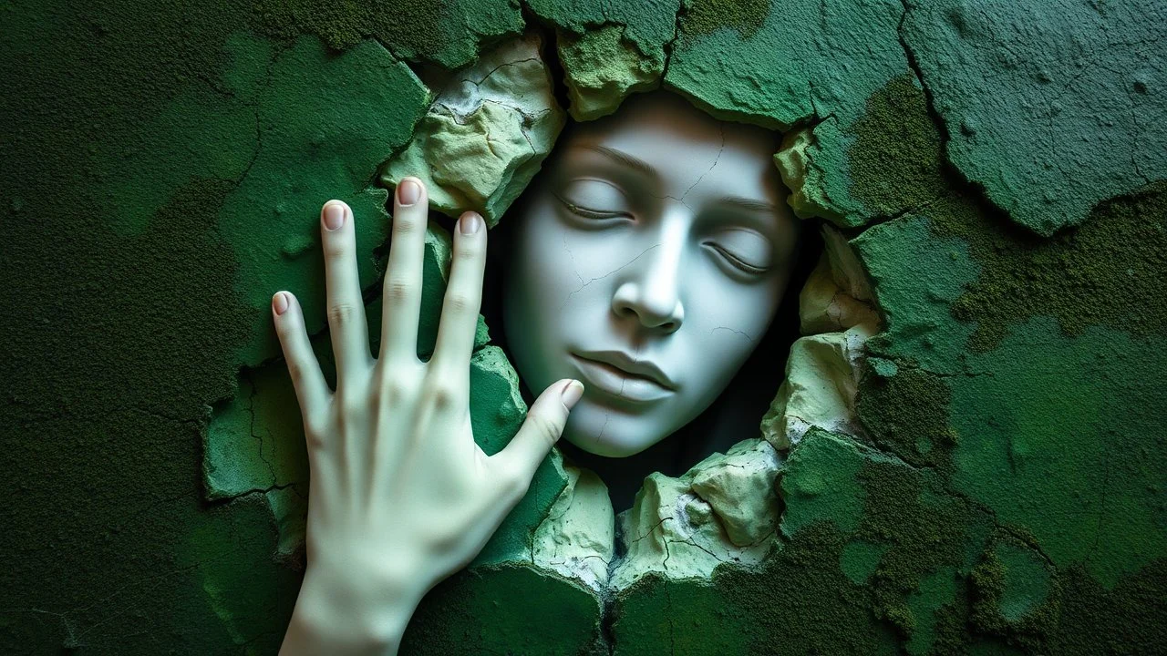 A surreal sculpture depicting a pale, cracked face and hands emerging from a torn, textured green wall. The wall is rendered with a rough, almost organic surface, with vibrant green hues that transition into darker, mossy tones. Fine cracks spiderweb across the surface, revealing the lighter, stone-like material underneath. The face is partially obscured, with closed eyes and a serene expression. The hands are delicately formed, with one hand pressing against the green surface as if trying to br