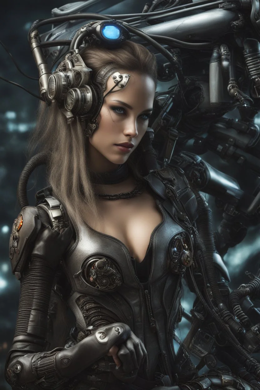Photo Of A Biomechanical Elegant Motorcycle Cyborg Plugged Into A Game Console With Cables And Wires And Optic Fibers, Cyberpunk, Horror Style Art By Luis Royo, Highly Detailed 8k, Intricate, Nikon D