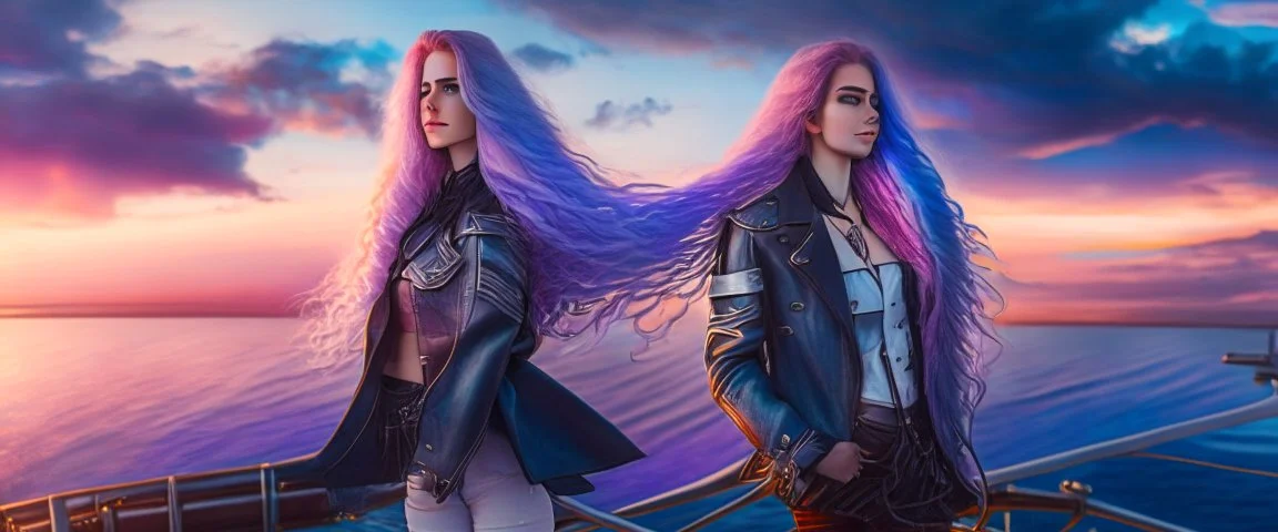 half body shot,realistic portrait of a 20-25 old caucasian model, long blue pink flowing hair, great grey eyes, blue leather jacket,full body, short white skirt,long legs,standing on deck of very big ship, beach of very nice lake with sunset ,clouds,godrayes