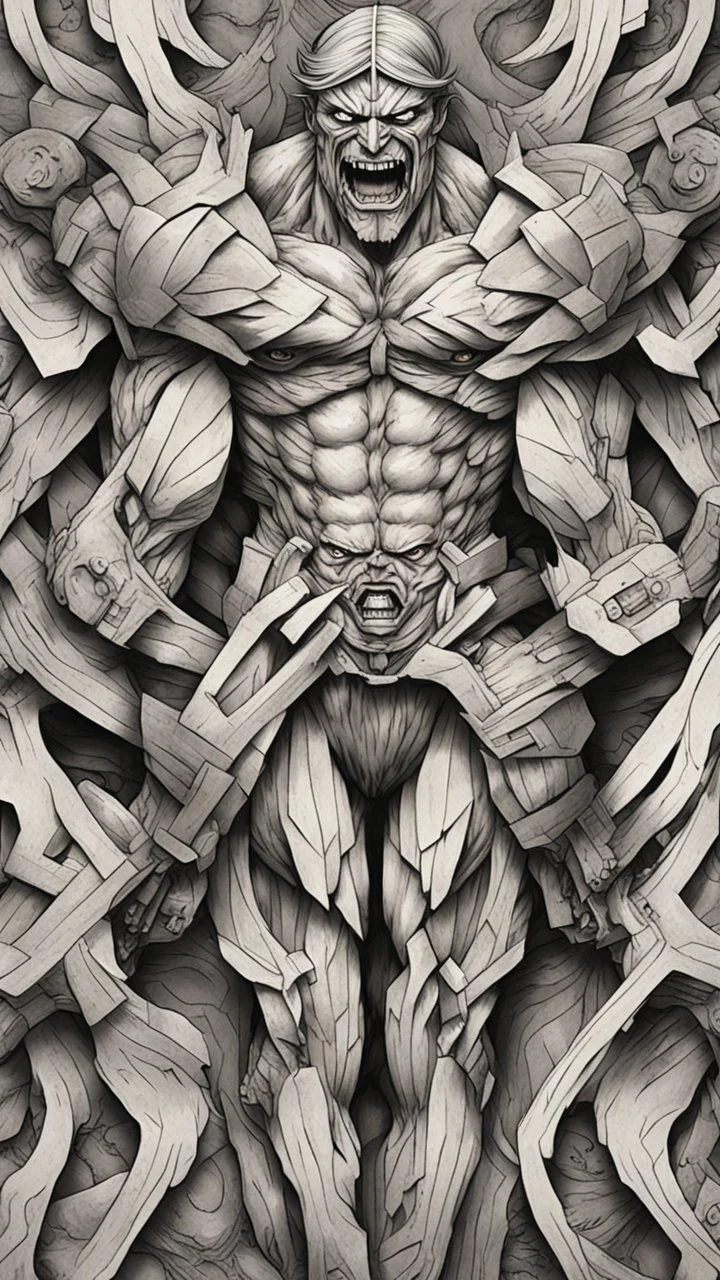 Create a captivating pattern inspired by the first Titan in Attack on Titan. The design should embody the essence of the inaugural Titan, capturing its colossal power and fearsome presence. Consider the intricate details of its transformation, incorporating the emotional undertones and brutal strength that define the Titan. Whether through stark lines or flowing curves