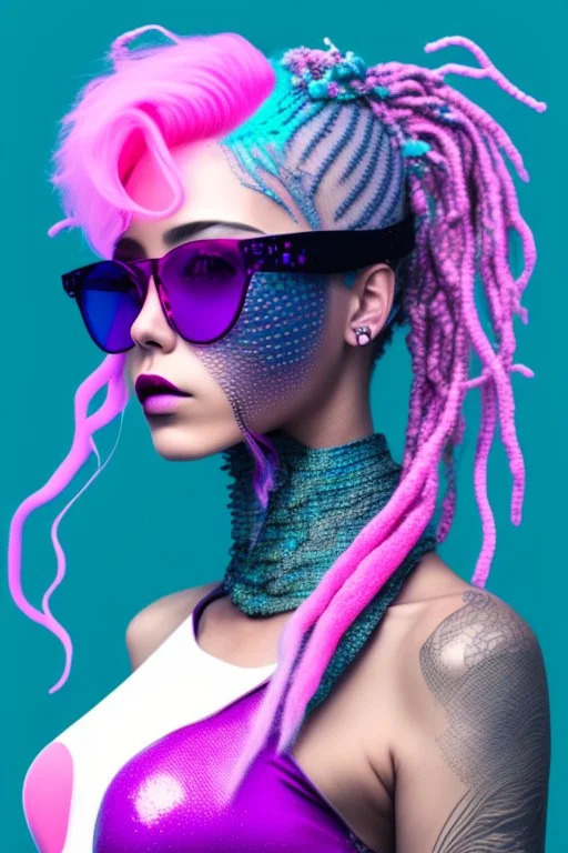 entire body mermaid cyberpunk some fish scales on face pink and indigo hair dreadlock sunglasses