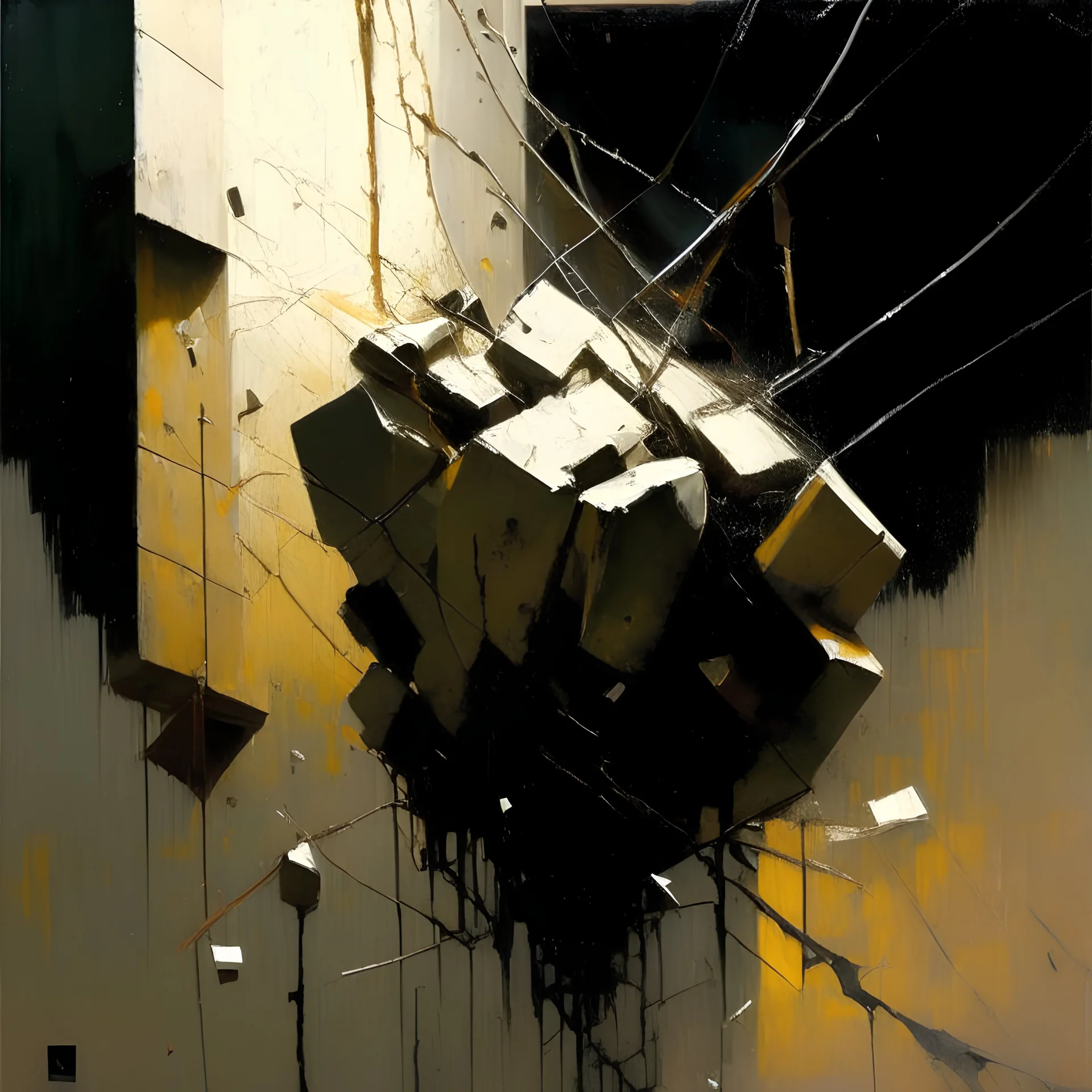 Minimal abstract oil paintings falling wires close up decaying concrete blocks fragments illuminated at style of Phil Hale