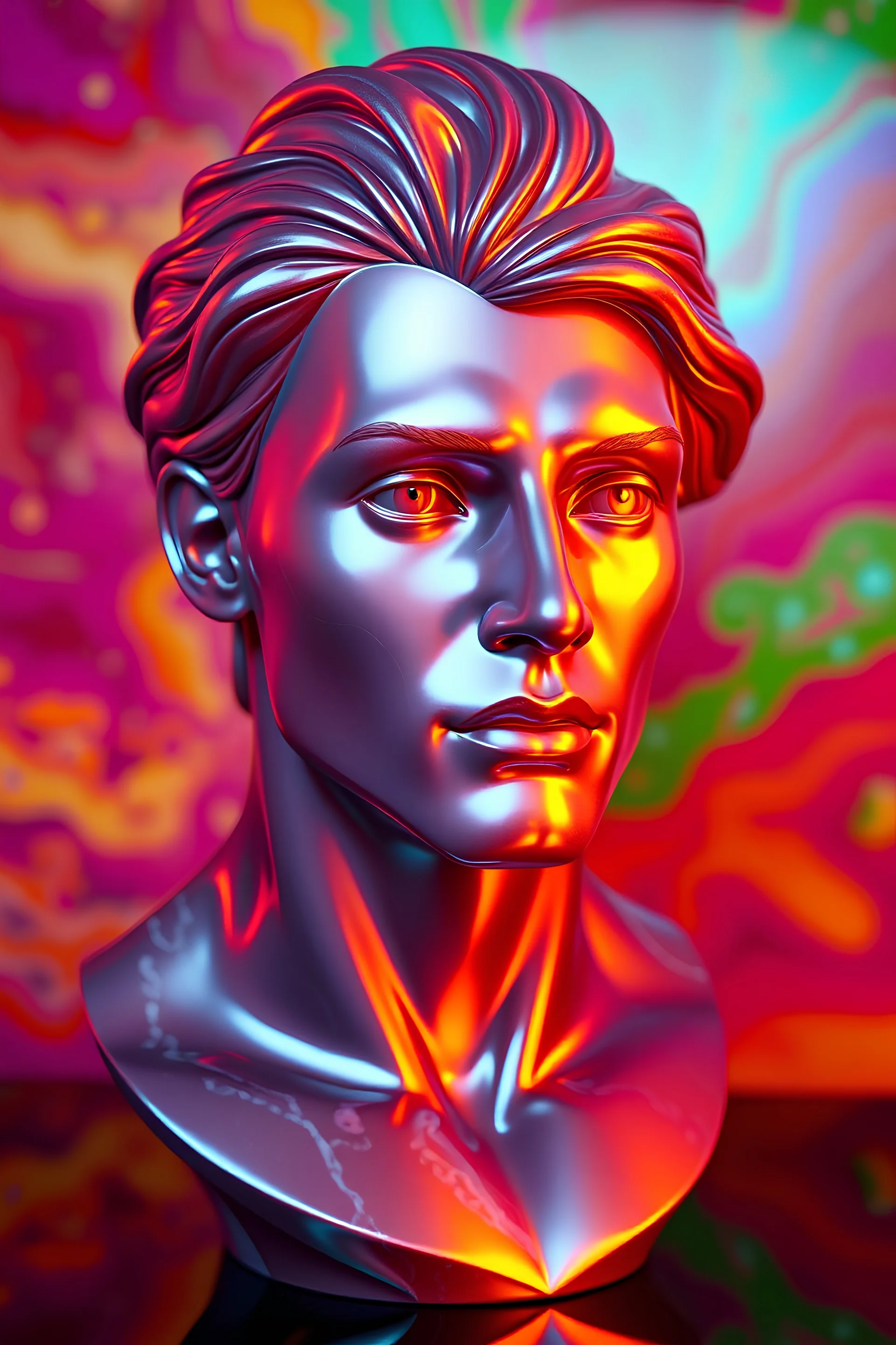 A stunning iridescent male marble bust, Unreal Engine render 8k, high contrast, vibrant colors, very reflective, perfect lighting, trippy colorful background, ZBrush