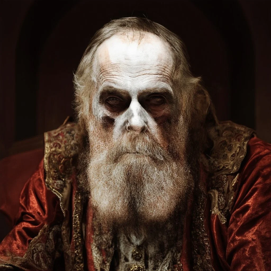 very grainy discolored modern photo, closeup portrait, dark ancient hall with no lights, grunge, extremely old male with chalk-white skin wearing old dashing and opulent gilded clothes, threatening, imposing, ventru