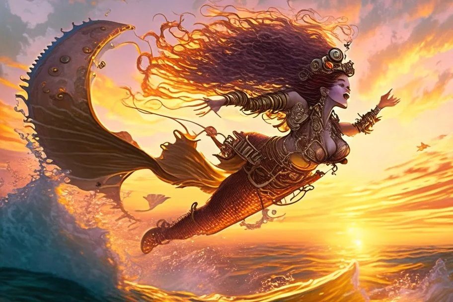 the most Beautiful steampunk Mermaid, jumping out of the Ocean at sunset