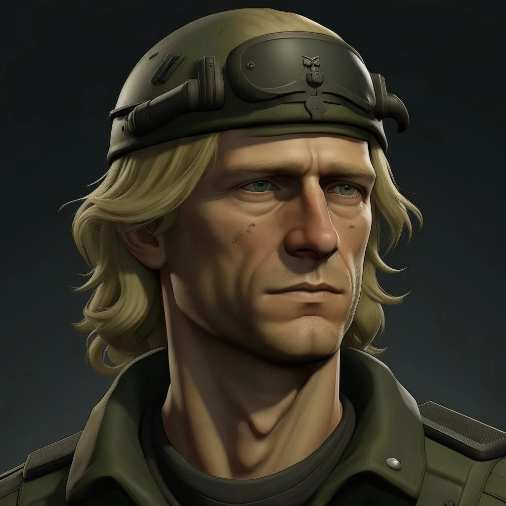 The submarine mechanic Blicke Blocknyckel, a blonde man with a mullet and chinstrap realistic grimdark