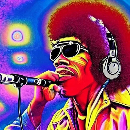 a realistic picture of Jimi Hendrix at a turntable with headphones on being a DJ, vivid color, with sunglasses, psychedelic trippy art