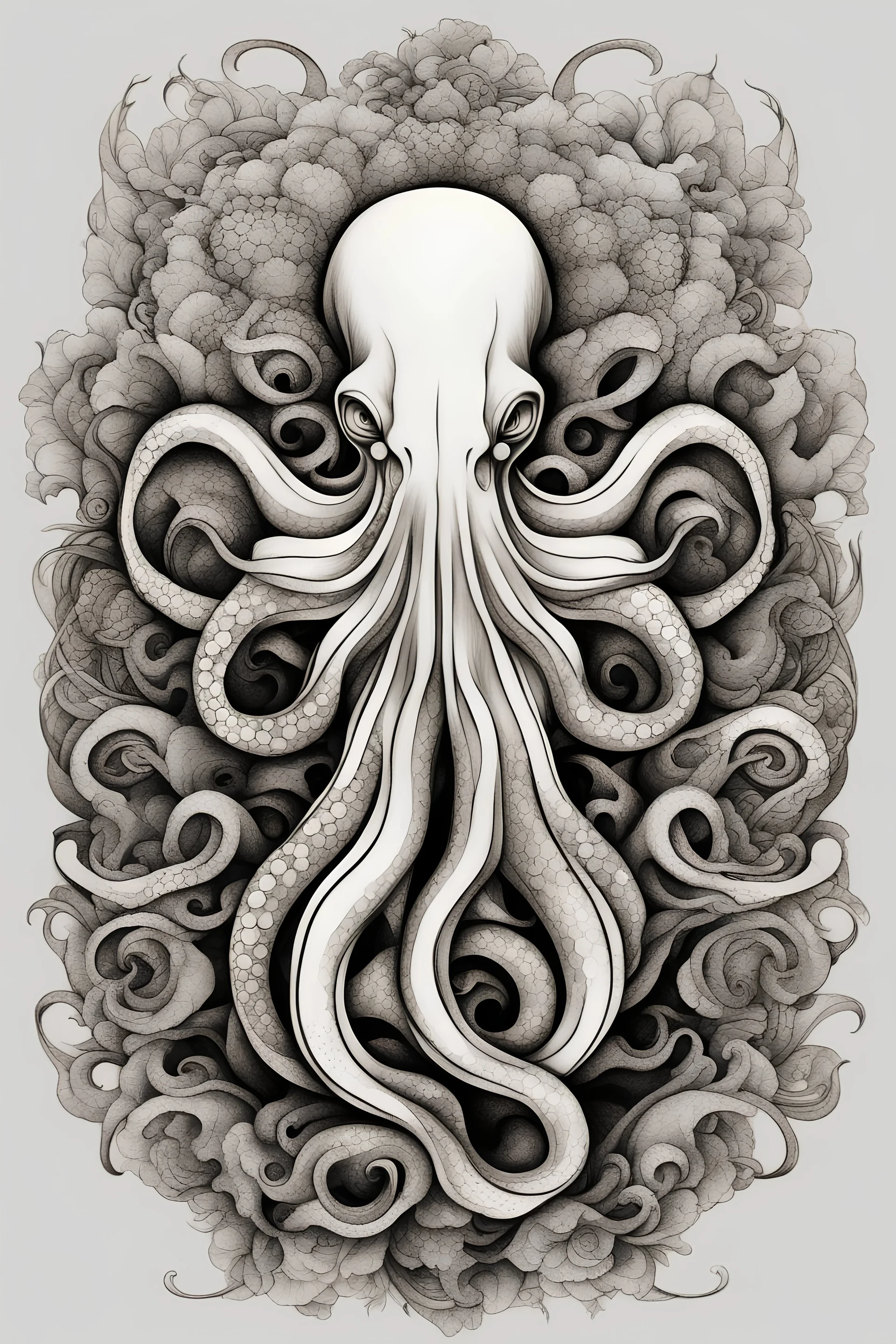 Create a captivating modern 2d ink tattoo design for print , prestigious (Sacred Octopus) using the elegant influences of japan art style, for print, dynamic elements from fashion and design, and bold Japanese contemporary art aesthetics, framing centered in the center, distanced from the edges of the paper perimeter, perfect anatomy, bauhaus, Divine Proportion,