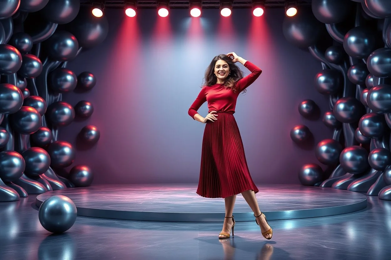 a pretty stage made of metallic blue-gray teme 3d recursive geometry and sphere base structures and a beautiful fashion model lady posing with joy and cute ,with dark red top and pretty pleated midi skirt ,makeup curvy long hair,dynamic camera zoom to full body and pan, dynamic lights.