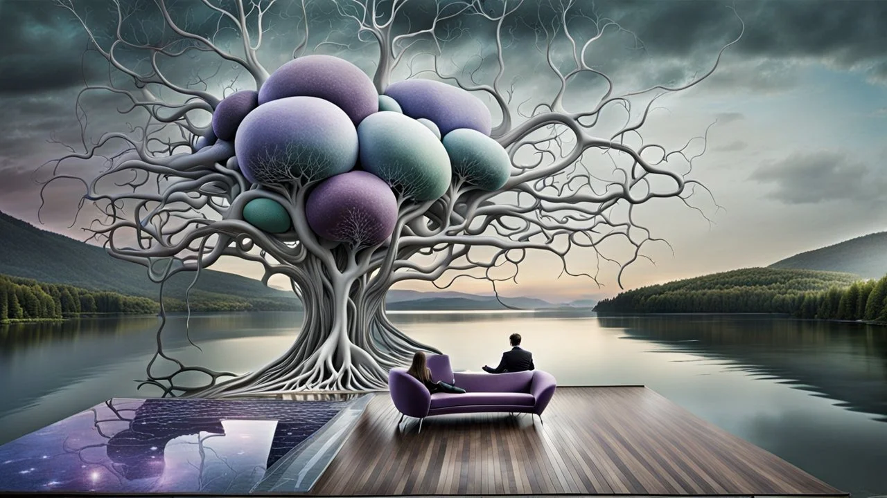 back to the camera a figure sittings on amorph shape sofa in a beautiful dreamlike landscape and overlooking the water of the nearby lake, calm, harmonious atmosphere, muted dark colors, purple, white, gray, green, blue, brown, silver, black , ,not too colorful colors, Whimsical style and giant stunning neuron network all over the sky, half shadow and half light abyss, surreal stunning vibe