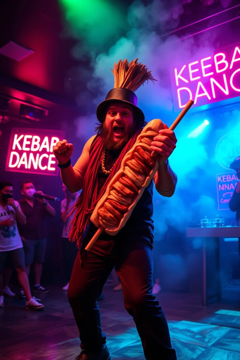 An "Kebab man" performing at dance club, his name is "Kebab man" and looks crazy, Kebab rolls in folie on stage, Neon lights and smog, "KEBAB DANCE" SIGN ON WALL