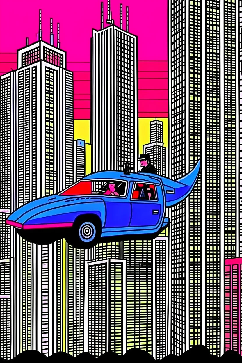 punisher sku;; city helicopter chasing car in the style of Hiroshi Nagai