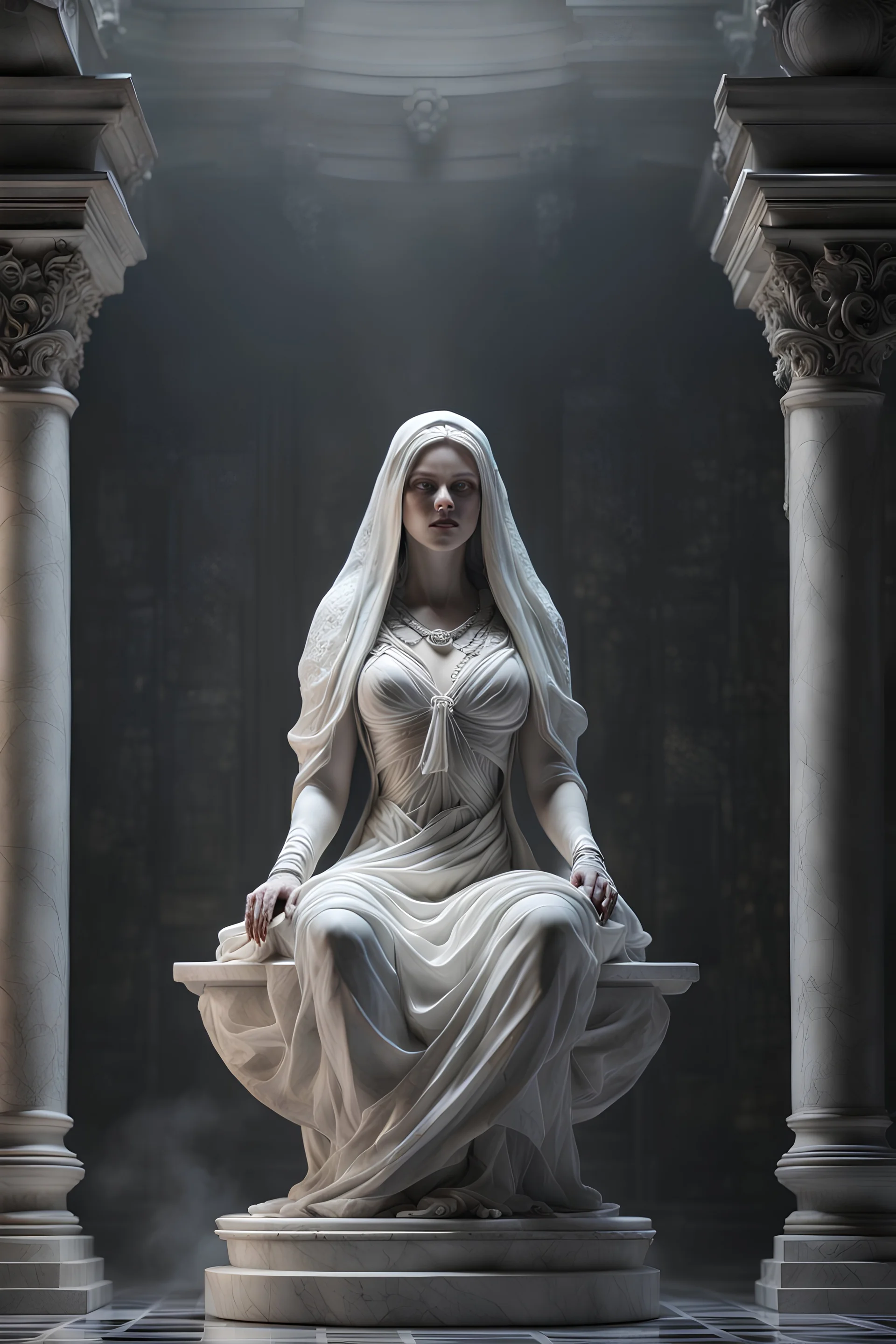 highly detailed marble sculpture of a female necromancer, volumetric fog, Hyperrealism, breathtaking, ultra realistic, unreal engine, ultra detailed, cyber background, Hyperrealism, cinematic lighting, highly detailed, breathtaking ,photography, stunning environment, wide-angle, [cgi, 3d, doll, octane, render, bad anatomy, blurry, fuzzy, extra arms, extra fingers, poorly drawn hands, disfigured, tiling, deformed, mutated]