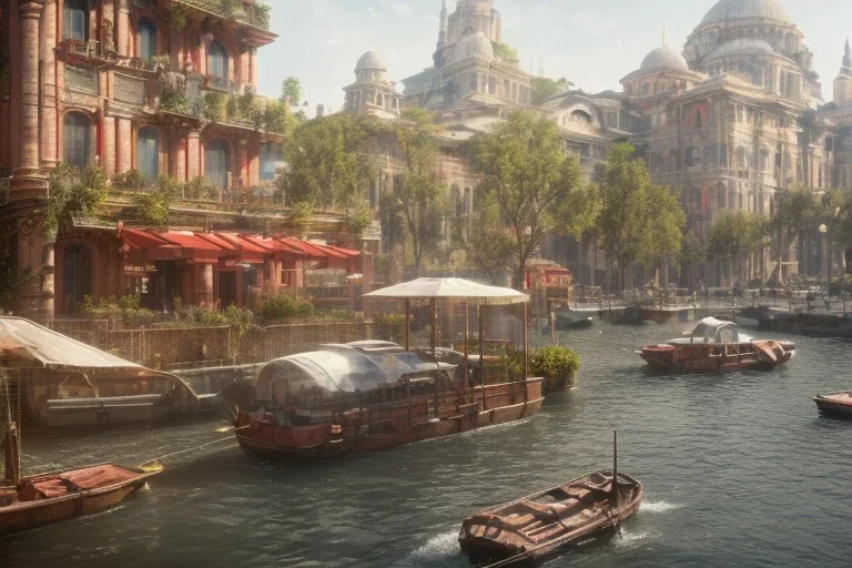 Boat restaurants in front of Empire Metropolis+hanging garden of babylon+karnaca+rome+istanbul+Burano+barocco Skyscraper+steampunk+colorful city,alphonse mucha,greg rutkowski,matte painting, cryengine