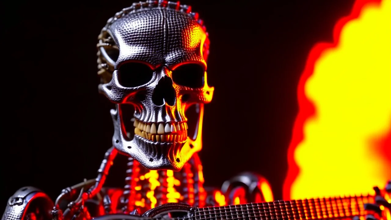 4K portrait of the real-life. Maximum details. Terminator robot face playing guitar, firestarter, radio broadcast logo, flames in the background. Radio hard rock