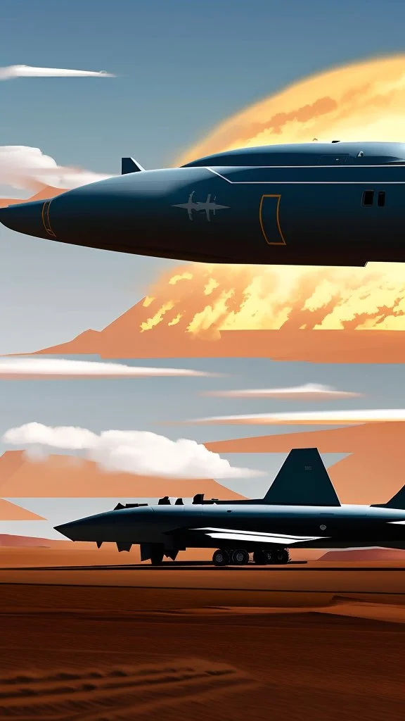 A nuclear submarine side view appeared in the desert on a little lake with sands T rex dinosaurs are in it and around it and stormy clouds , and some mountains in the distance background