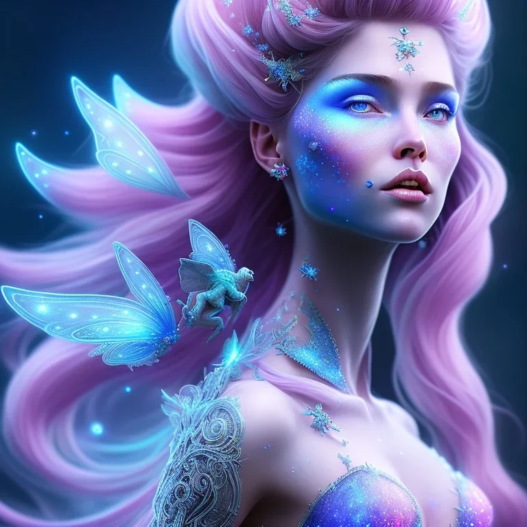 portriate of beautiful blue pink transprent na'vi fairy,volumetric lighting, particals, intricate detail,realistc, close up,sparkling eyes, fluorescent skin,longblond hair