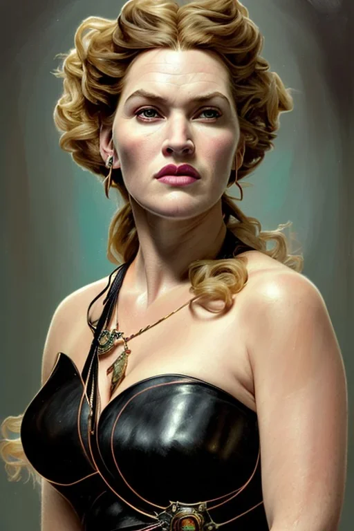 painting of kate winslet as evil queen in black leather gown, feminie, angry, stern look on her face, volouptous, busty, cleavage, emperious, mature, highly detailed, digital painting, artstation, concept art, smooth, sharp focus, illustration, art by gaston bussiere and alphonse mucha