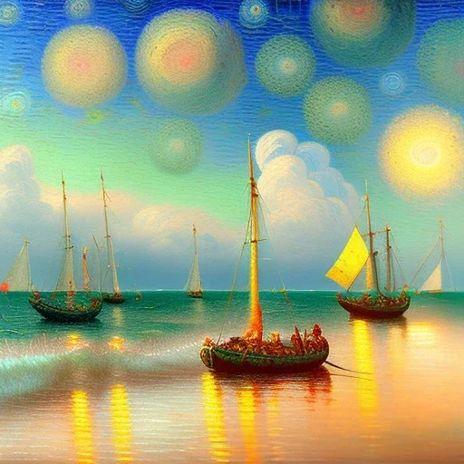 Dibujo al oleo de Cangrejo pintado con nubes de colores en la orilla de la playa, con nubes de colores, barcas , con estilo de Van Gogh 4k