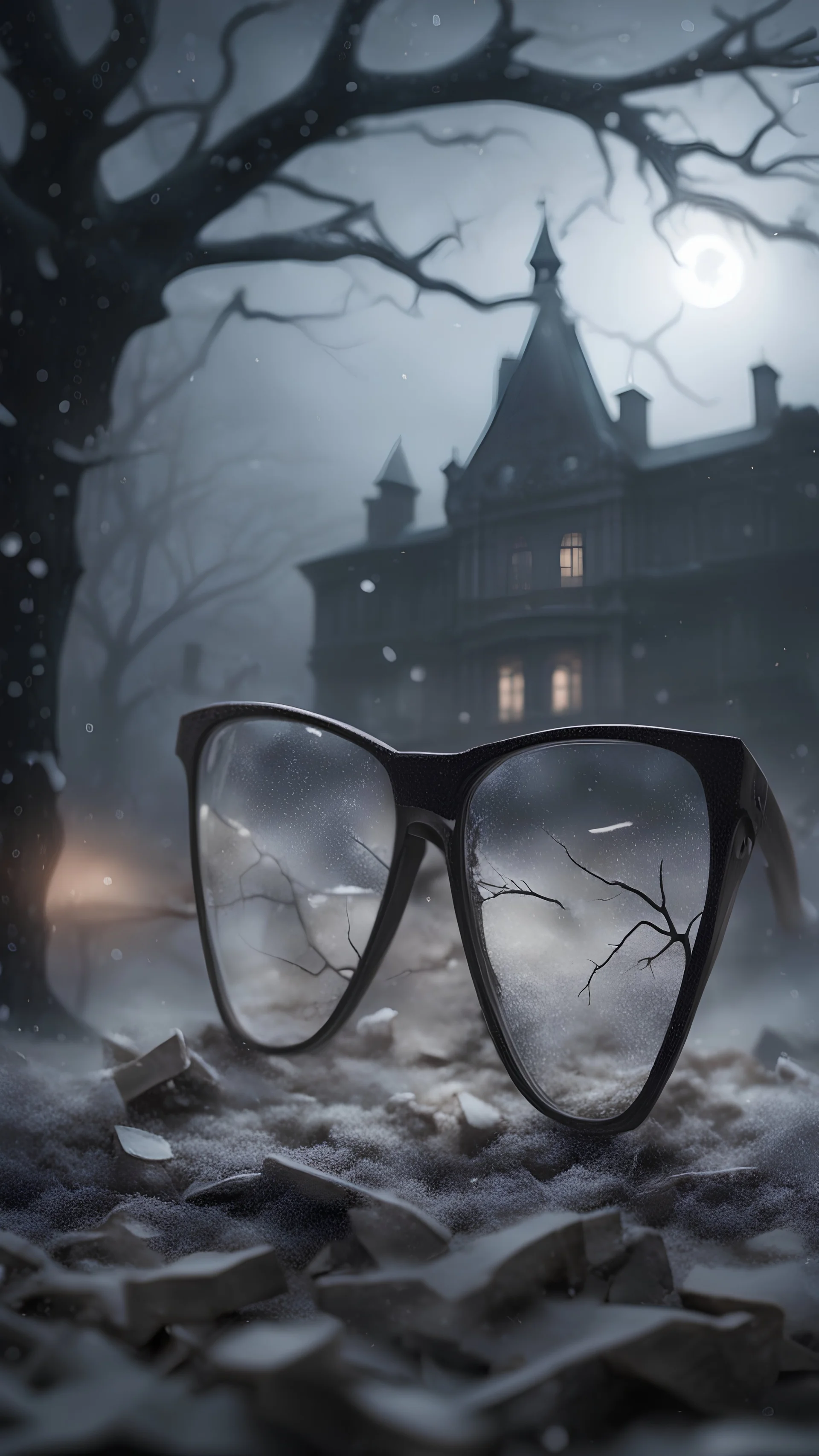 Hyper Realistic closeup view of a broken glasses on the field behind a huge dark mansion with dry old tree at a foggy snowfall night