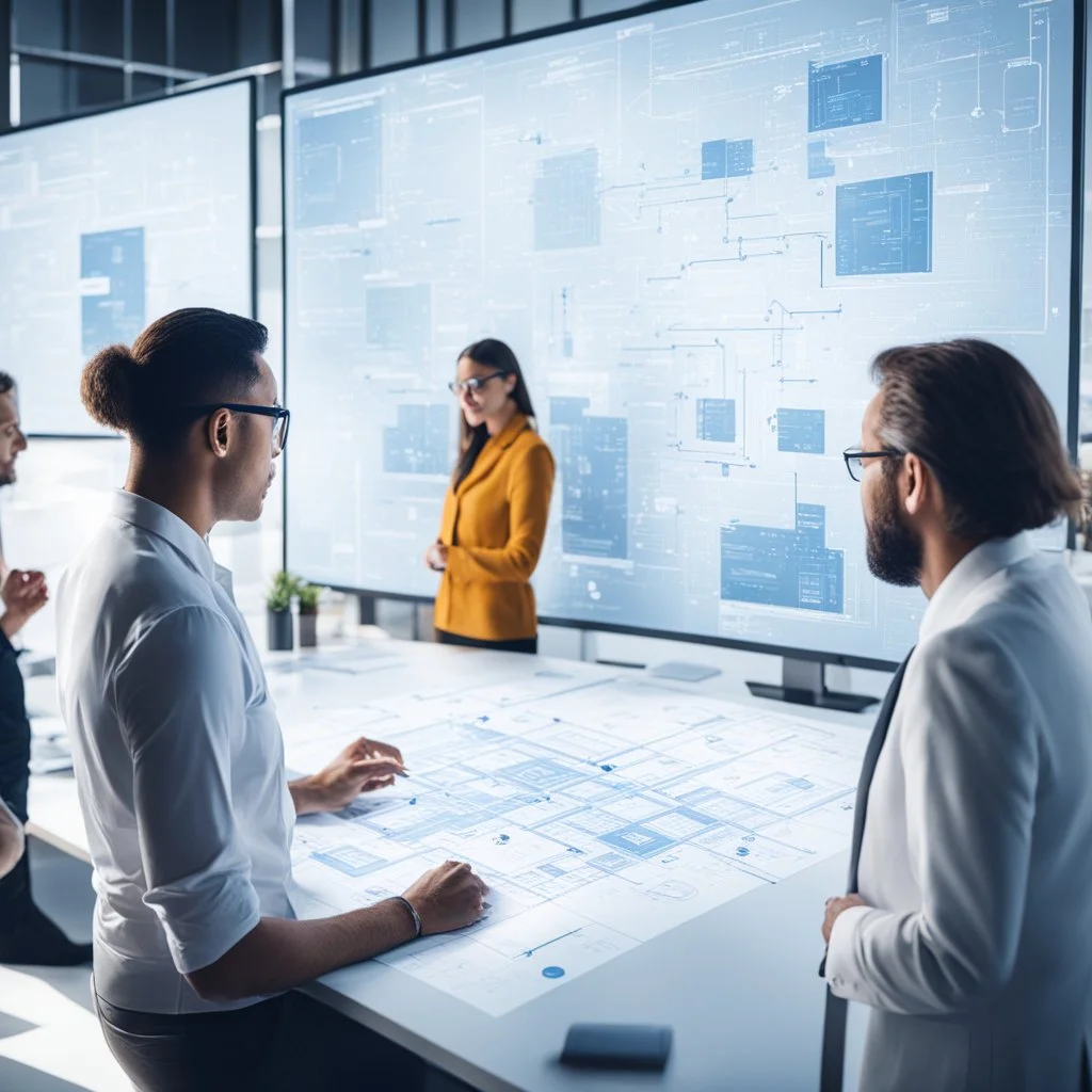 women and men from the industry thinking together in front of a complex blueprint with flowcharts, they are considering use cases