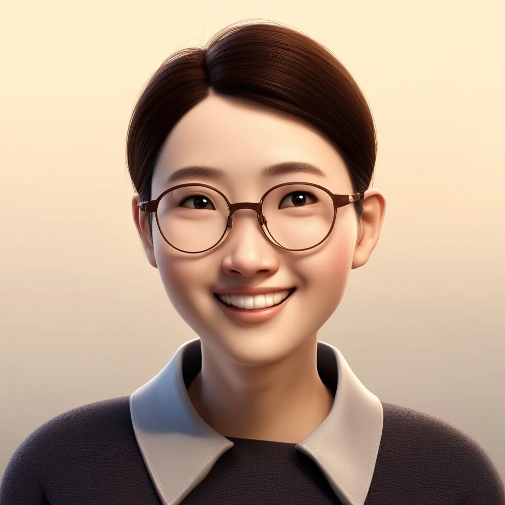 a portrait of smiling chinese woman. carricature. cute. beautiful. dark brown hair. medium layers hair. fair skin. dark brown eye pupils. small nose. heart face shape. pixar style. 3D. 4k. portrait. highly detailed. sharp focus. high resolution. full color. cinema lighting