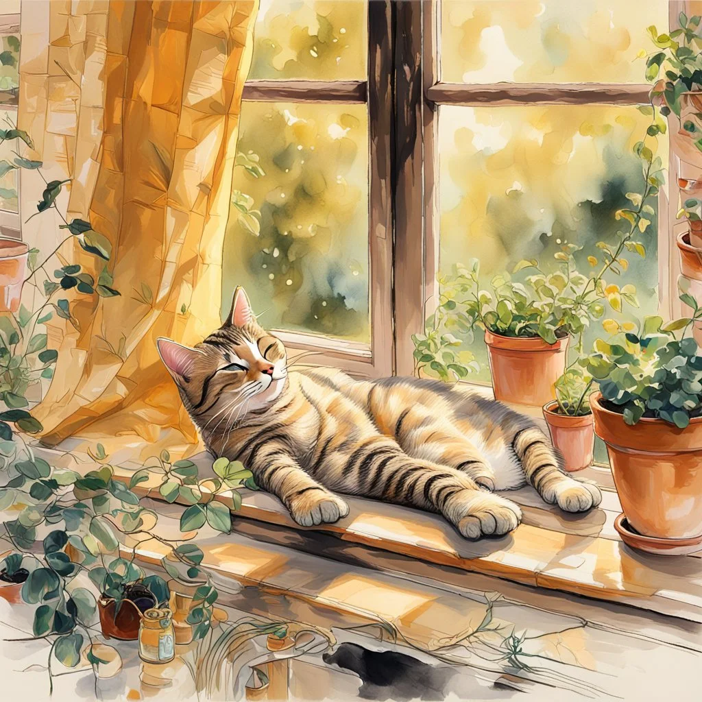 photorealistic, high-resolution image of a grey tabby cat sleeping on a sunny wooden windowsill next to various potted plants. The cat, with light brown and black stripes, lies on its back, paws up, basking in a ray of golden sunlight that illuminates its fur. The window in the background features an amber curtain on the left, and a wooden frame separates the panes. Outside the window, soft golden light suggests either sunrise or sunset, with blurred foliage visible. On the windowsill, several t