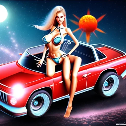 large breast bikini alien woman on pedal car