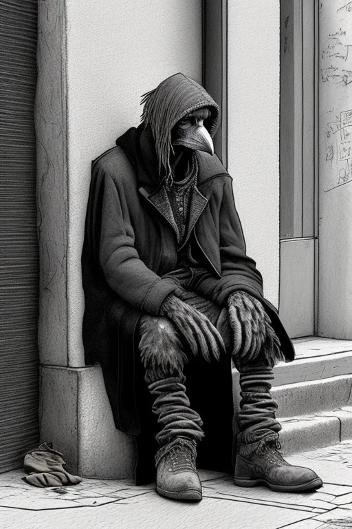 One single mature homeless crow with worn out clothes, sitting in a corner on the street, guitar standing on the left side, Vienna, mourning, perfect iris, model style, hyper realistic, extremely accurate, delicate, extremely detailed, Graphic novel style, wide-angle, open aperture, superfine pencil