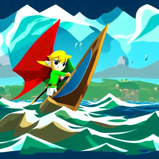 Legend Of Zelda: Wind Waker style vast ocean, stylized, celshaded, colorful, adventurous, frontal view, full view.