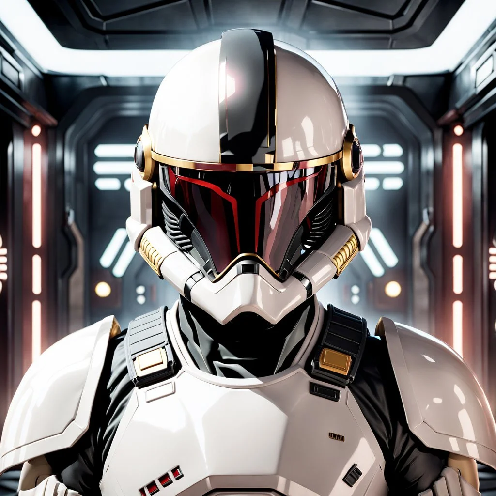 star wars bald male corellian pilot wearing pearlescent black and gunmetal grey First Order special forces heavy assault armor and helmet with gold trim inside the jedi temple, centered portrait, hyperdetailed, dynamic lighting, hyperdetailed background, 8k resolution, volumetric lighting, light skin, fully symmetric details