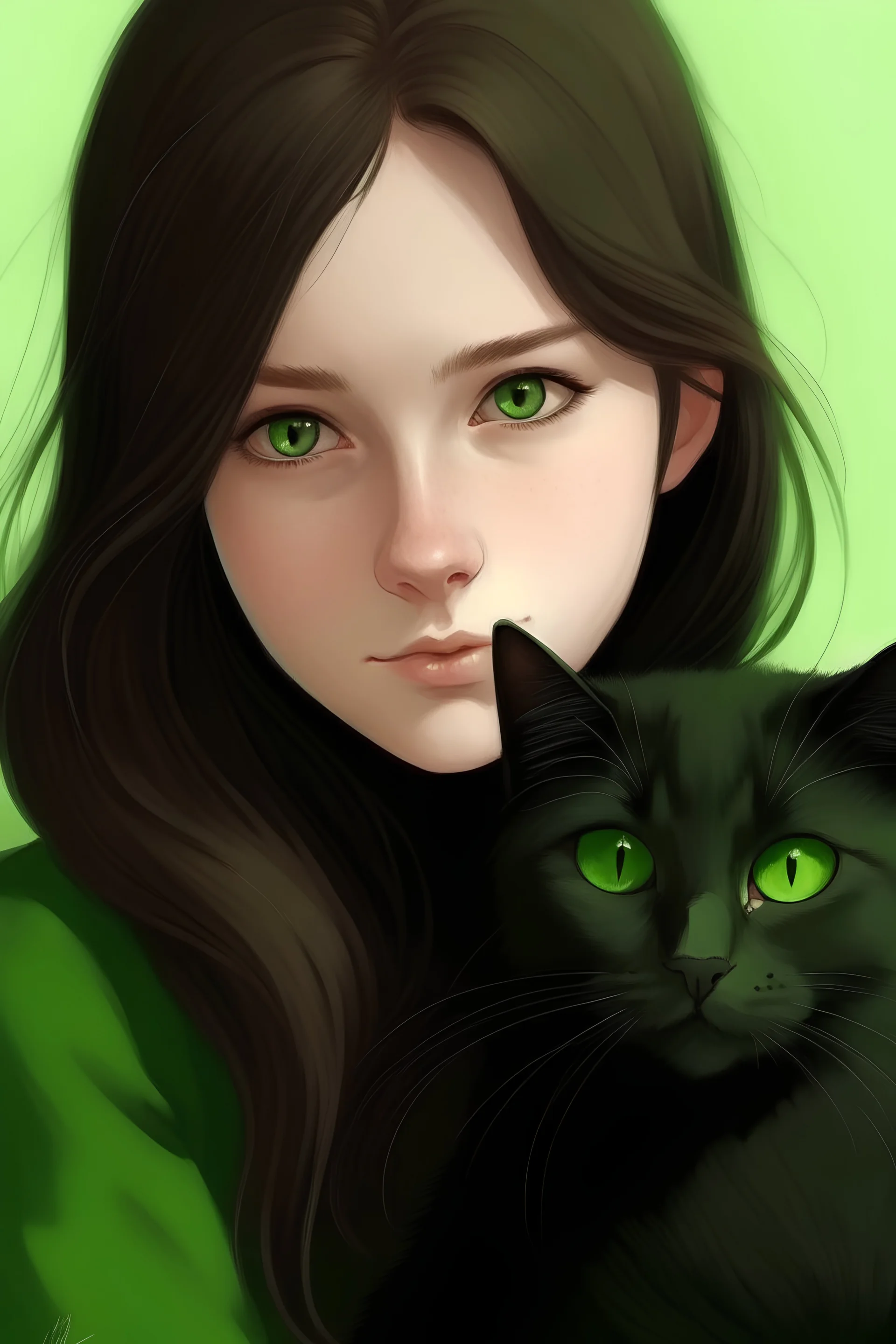 A girl with brown hair and green eyes with a black cat