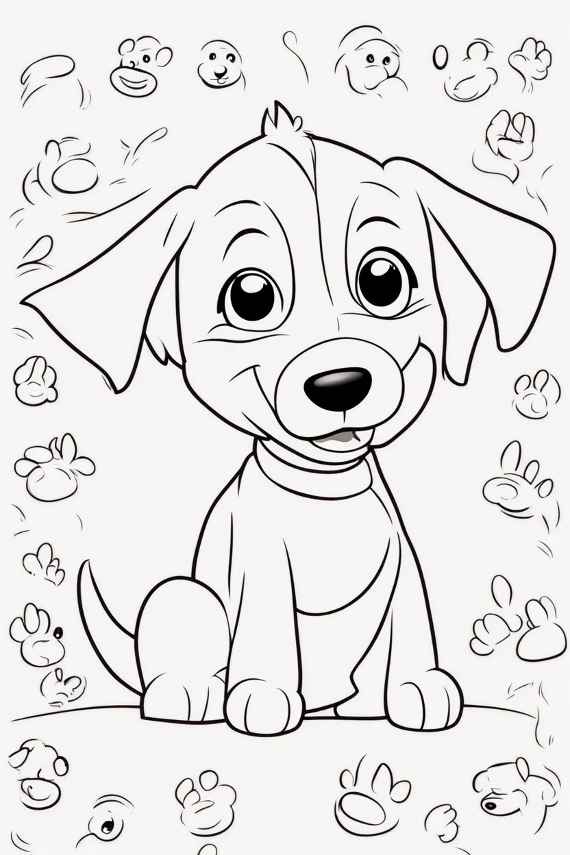 blank colouring book, white background, simple picture for toddlers, dog with one tail, four legs, smile on face, disney and pixar style