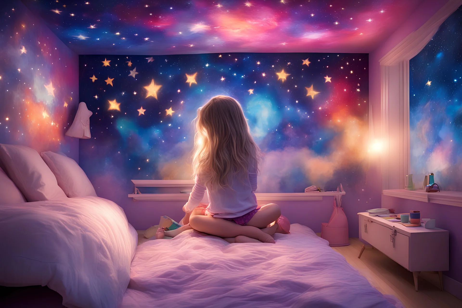 In her bedroom, the adorable girl sits mesmerized by the shining stars on her galaxy wall, allowing her imagination to transcend reality as she dreams of painting a fantasy world filled with vivid colors.