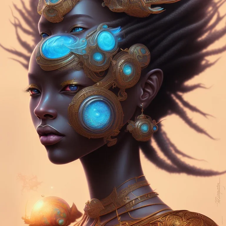 sango fantasy, fantasy magic, intricate, sharp focus, illustration, highly detailed, digital painting, concept art, matte, masterpiece head sexy view black African beauty black afro hair space lady turquoise carp skin African one head space journey