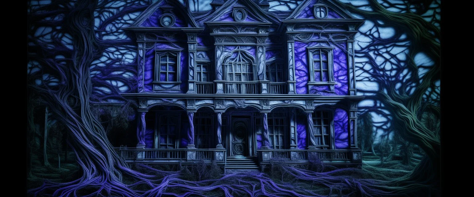 A purple haunted mansion covered in cobwebs painted by Vincent van Gogh