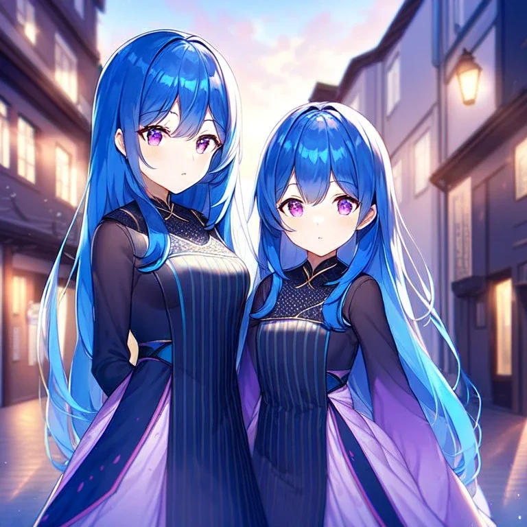 girl, masterpiece, best quality, volumetric lighting, detailed outfit, perfect eyes, long hair blue hair, Purple eyes, dark mori, twins, town,