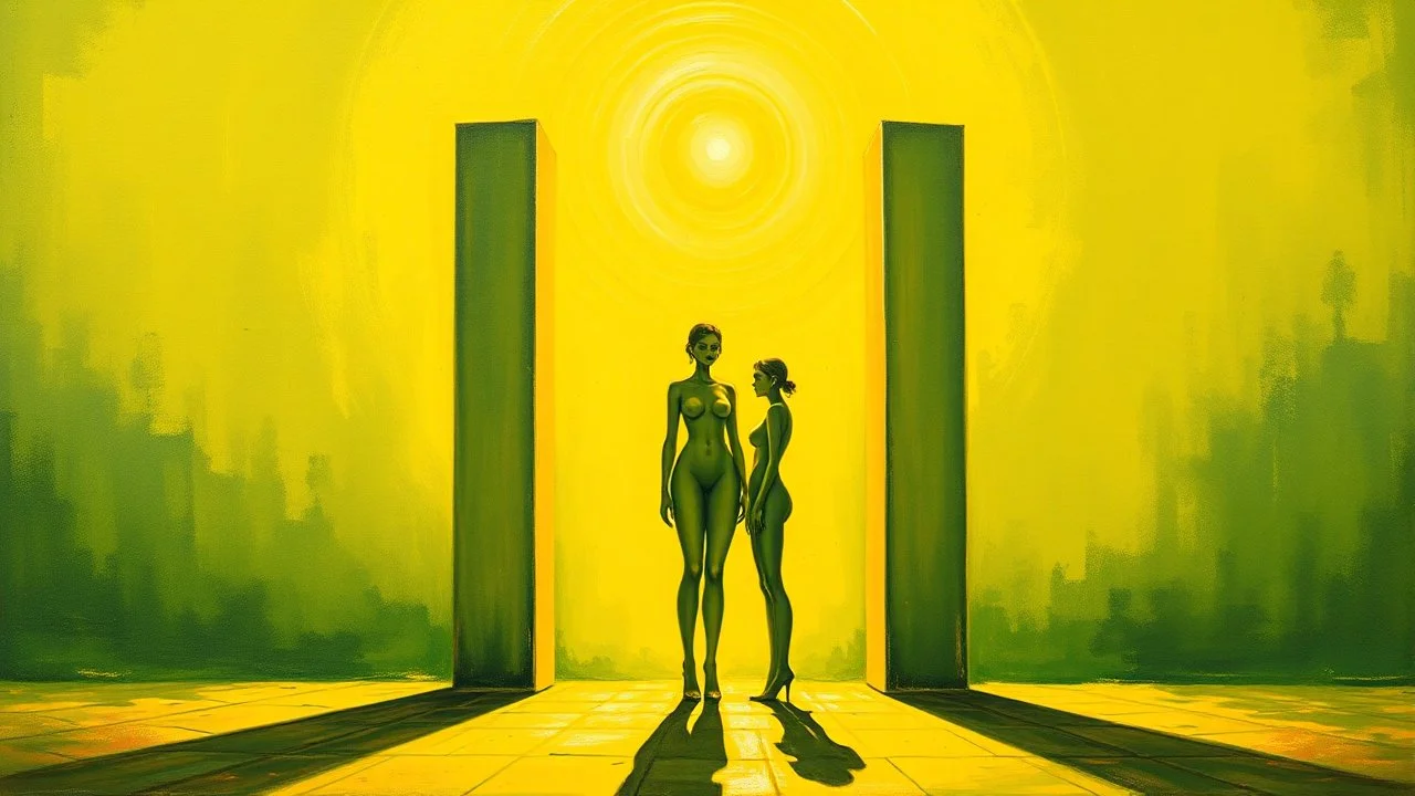 (forbidden fruit:)a painting of three people standing next to each other, an acrylic painting, trending on cg society, yellow and limegreen color scheme, monoliths, siluettes, in a row, detailled light, group of people, trending on artstion, female forms, smoldering, suns, chambers