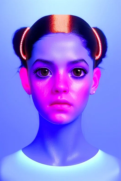 Rosalía, artist, 30 years old, Realistic, waist up portrait. Eyes, make up, glow, circle iris, eye liner. Hair, pigtails. make up, glow. lips, gold. big rings piercing, led ornament, pearls. Hand, baseball bat, Coat, smile pin, inflatable latex, cold, led lights, minimal, neon, pink, blue, gold, vibrant color, highly detailed, art stations, concept art, smooth, unreal engine 5, god lights, ray tracing, RTX, lumen lighting, ultra detail, volumetric lighting, 3d, finely drawn, high definition, 4k