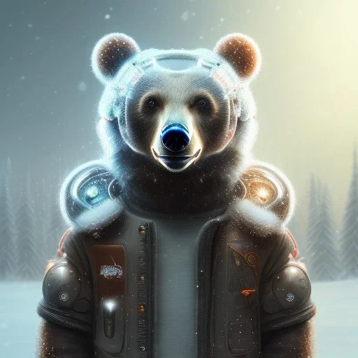 Cyberpunk Portrait of cyborg bear child with brown hair and with cute face, north pole snowy vibe , perfect composition, hyperrealistic, super detailed, 8k, high quality, trending art, trending on artstation, sharp focus, studio photo, intricate details, highly detailed, by greg rutkowski