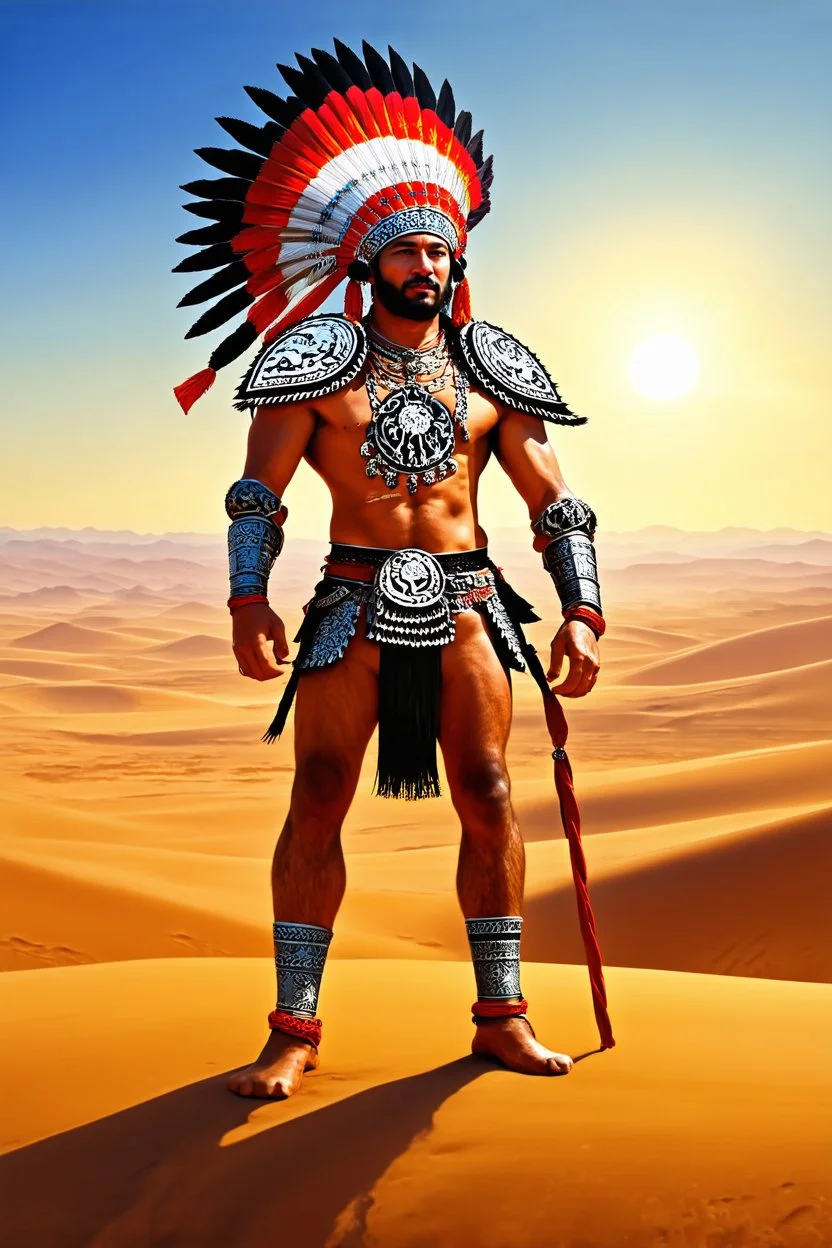 Full legs. Striking portrait of Nantli warrior as anthropomorphic puma, adorned with intricately designed traditional armor and headdress. His face, painted with black and white patterns, radiates a fierce and determined expression. A red sun adorns his headdress, symbolizing strength and power. The background, a vast, golden desert landscape, with a sun setting behind some rocky outcrops. 8k. Full body