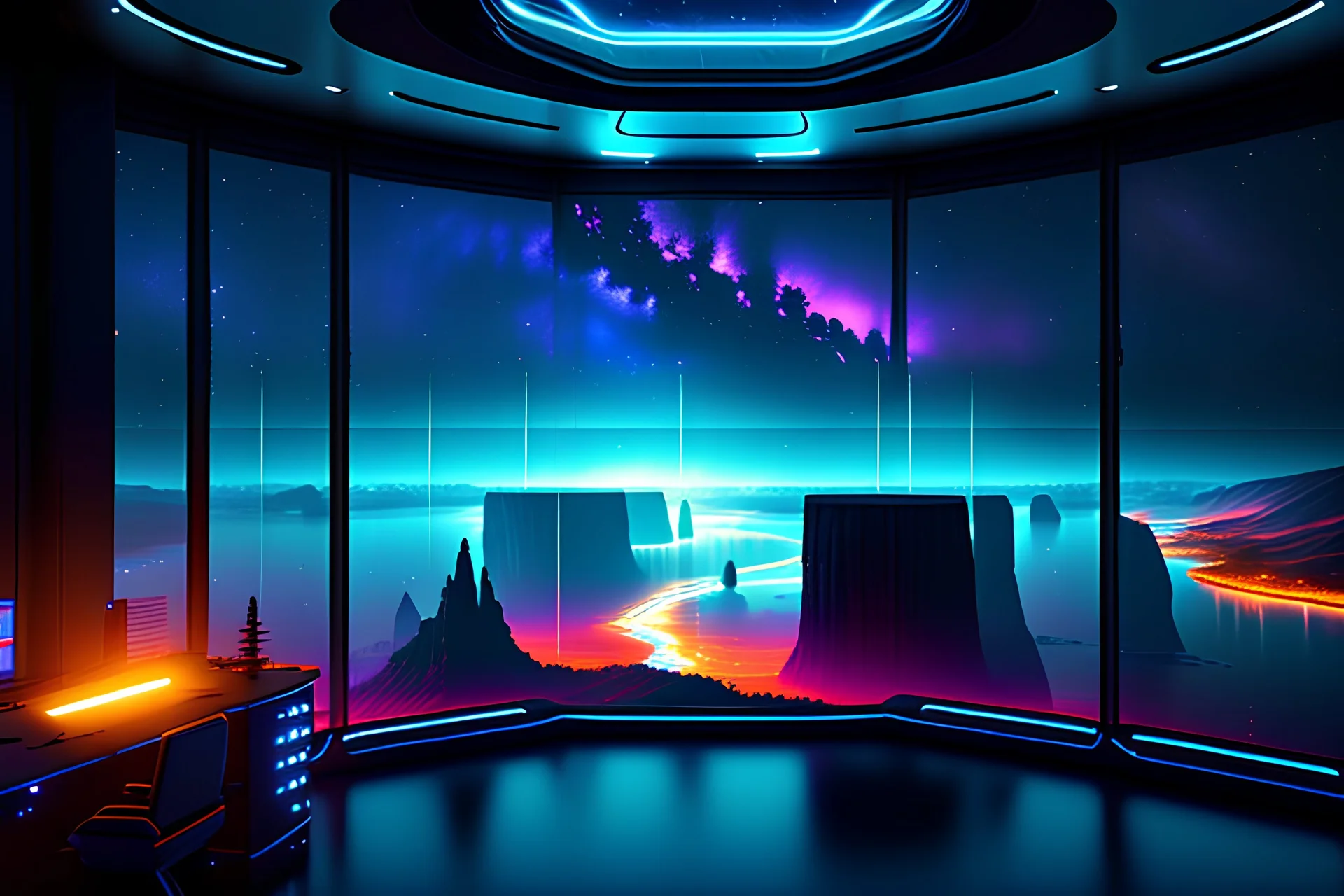 inside a sci-fi control station with windows looking out into the night sky, rain on the windows, outside is a river and cliffs