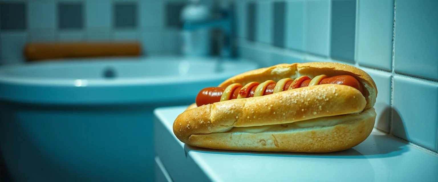 hot dog in bread sleeping in bathroom