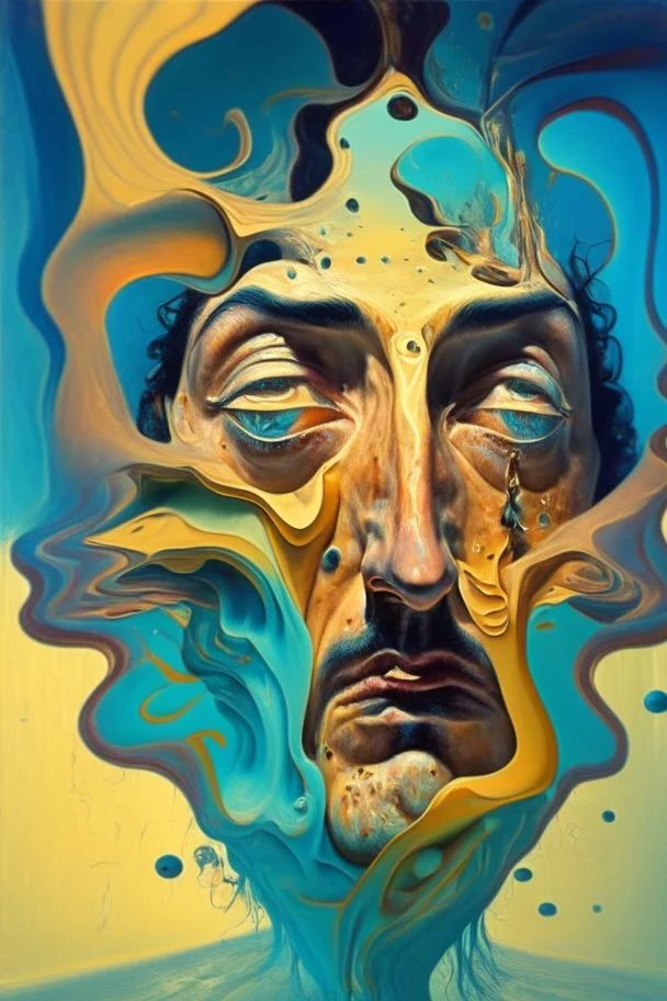 A surreal, Salvador Dali-inspired portrait of a person with their facial features melting and morphing into a dreamscape filled with whimsical and bizarre elements, showcasing the fluidity and boundlessness of the human imagination.