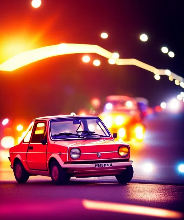 fiat 126p, city. high speed. bokeh. lens flare. warm lights. high detailed