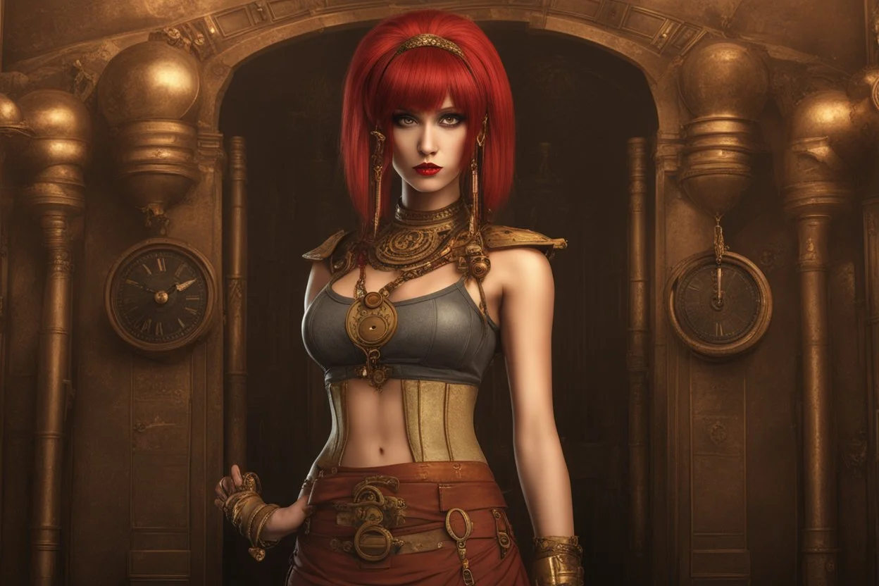 a skinny Cleopatra, with a bob red hairstyle, standing in a steampunk setting.