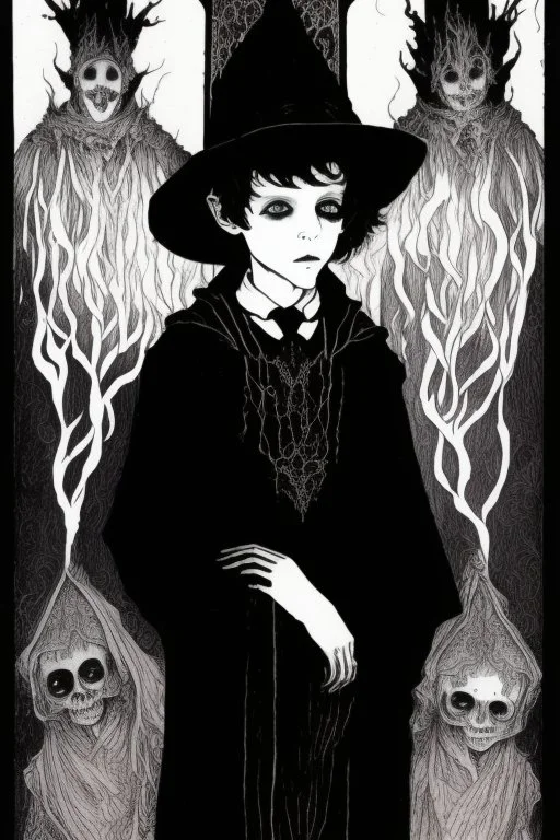 7 year old boy, necromancer, friendly, looks dead, surrounded by weird smoke with eyes, wearing black robes, in the style of Harry Clarke