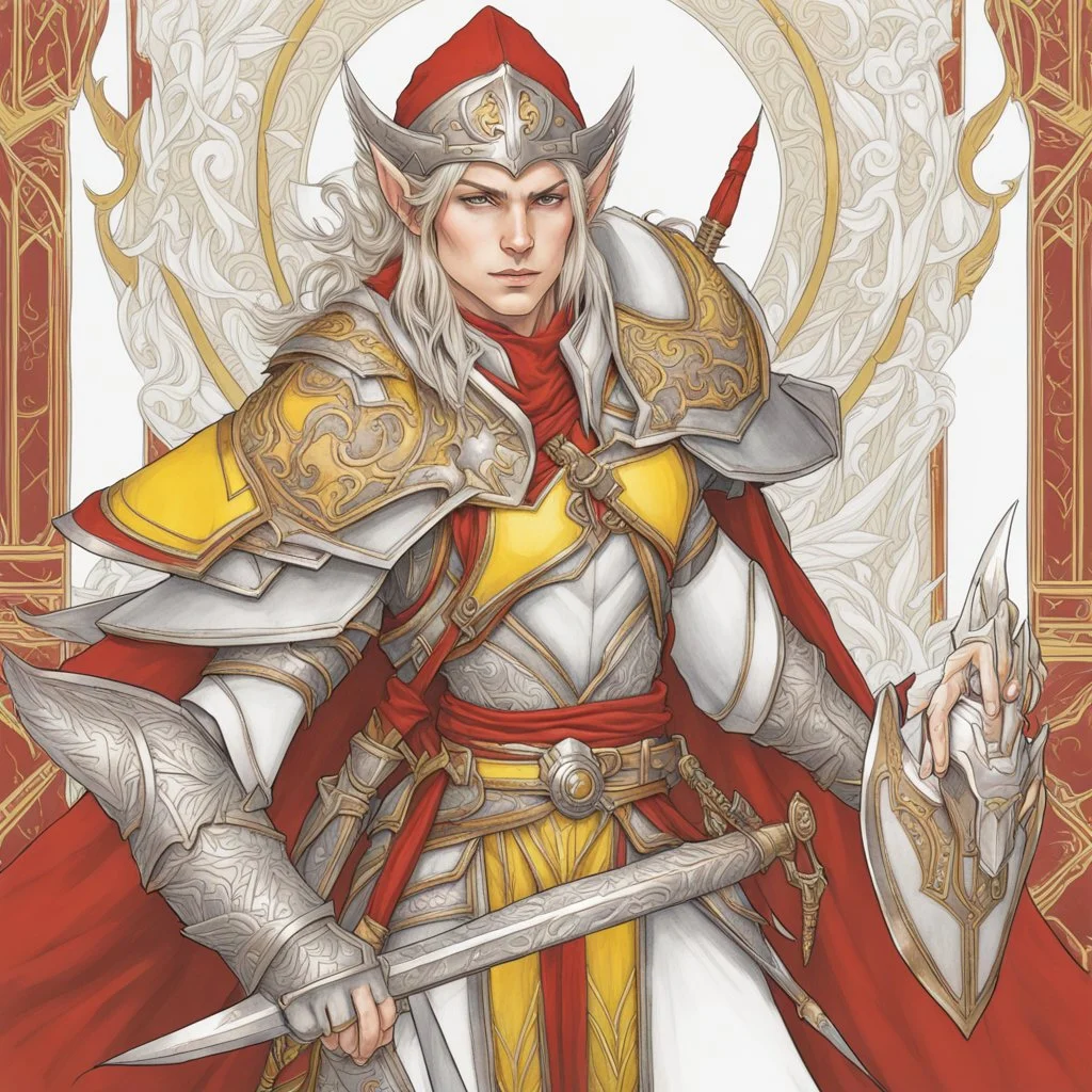 Elf warrior red, yellow, and white linear drawing hip is the detail as