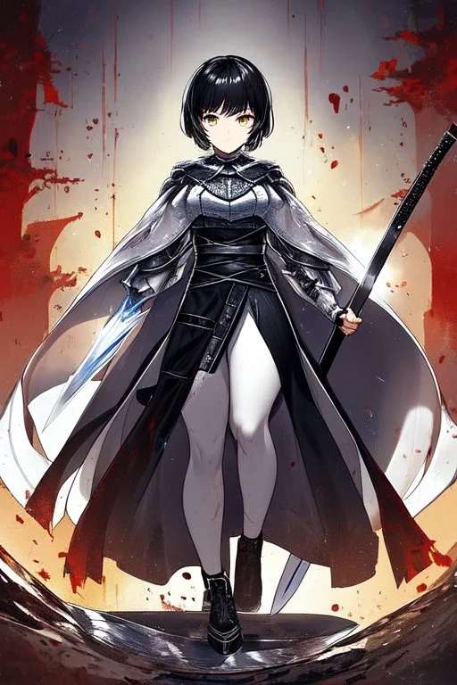 Anime girl with short black hair and sharp green eyes holding a spear, full body black and white metal plate armour, full body shot, Dramatic lighting,1woman, soaked in blood, Warrior, standing pose, sword at the waist